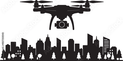 Drone flying over city skyline vector illustration with trees on transparent background