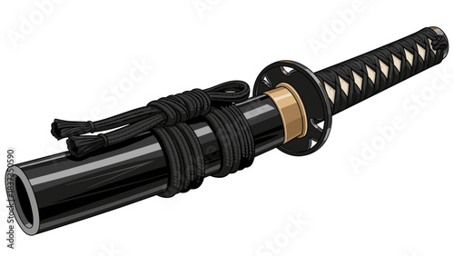 Black katana sword with traditional handle and decorative elements  