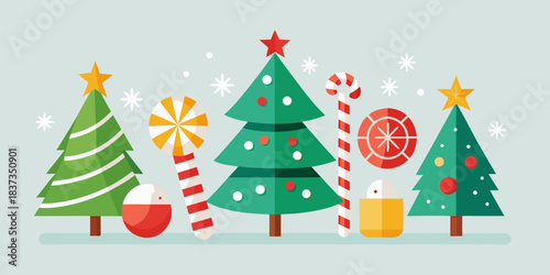 Christmas tree flat icon clipart set. Cute Christmas fir tree snow decoration clip art with snow, xmas ball, stars and candy cane