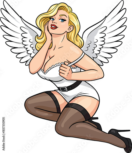 Sexy blonde pin-up girl with angel wings wearing white lingerie and stockings retro vector illustration