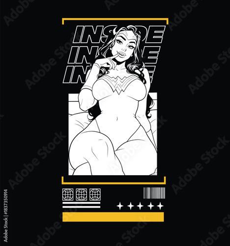 Sexy comic book style superheroine girl in lingerie vector illustration with typography layout