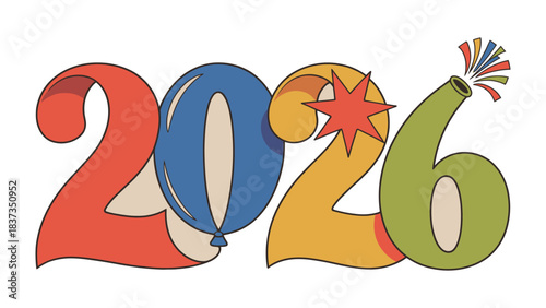 Year of Celebration: An artistic and festive digital illustration with 2026 celebrates the New Year, incorporating elements of party, and dreams of the future.