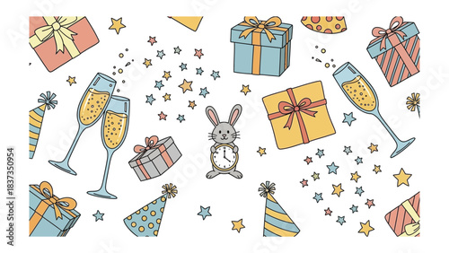 Festive Celebration Illustration: A whimsical illustration with gifts, champagne, confetti, and party accessories creates a joyous holiday atmosphere.