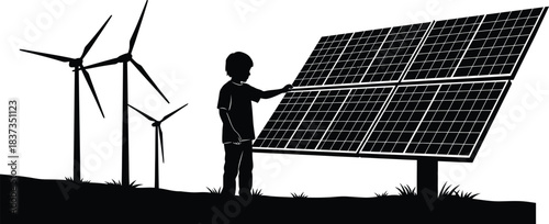 Silhouette of a man inspecting a solar panel with wind turbines in the background