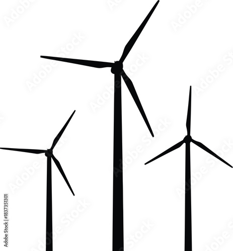Minimalist illustration of three wind turbines against a clean white background