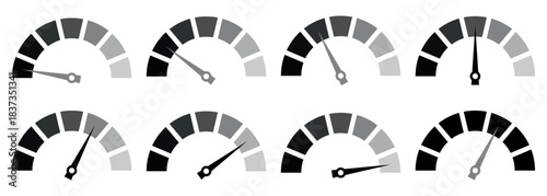Set of grayscale speedometer indicators showing different needle positions, minimal dashboard gauge icons for performance level, loading progress and measurement concepts