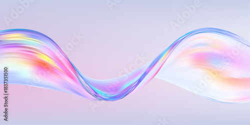Abstract holographic pink wave with flowing iridescent ribbon and dynamic spectrum light.