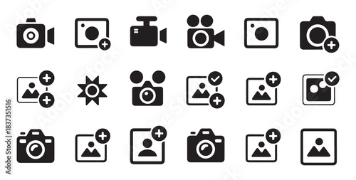 Camera and add photo icons set for web applications video production and social media graphic element