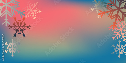 Snowflake Winter Blurred Gradient Background with Pink and Teal Colors, Featuring Icy Crystal Flakes for Modern Holiday and Seasonal Design
