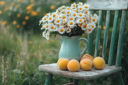 A bouquet of daisies and peaches in the garden. A wooden chair with fruit and jug of milk.