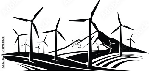 Black and white illustration of wind turbines in a rural landscape with mountains