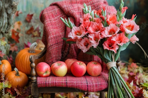 Bouquet of colorful flowers and apples. Autumn decor on chair with a blanket.