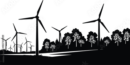 Black and white illustration of wind turbines in a rural landscape with trees