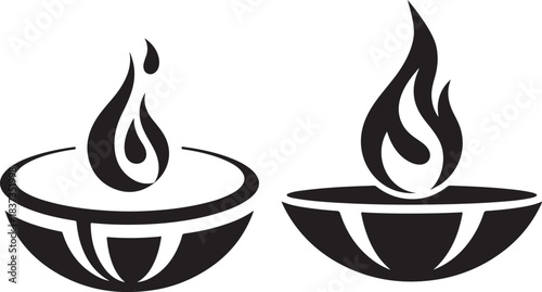 Stylized traditional indian oil lamp diya icons, burning flame
