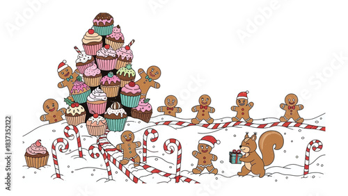 Festive Confectionery: A charming Christmas illustration features a delectable assortment of cupcakes, gingerbread men, and festive decorations.