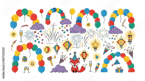 Celebratory Array: An enchanting illustration featuring a delightful array of colorful balloons, whimsical fireworks, festive lanterns, and playful confetti creating an atmosphere of pure celebration.