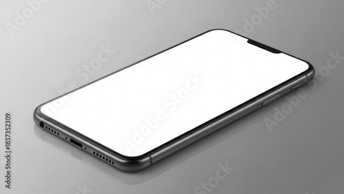 Sleek modern smartphone with blank white screen mockup resting on a reflective gray surface at an angle