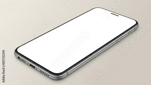 Silver smartphone mockup with blank white screen resting on a neutral beige surface at an angle
