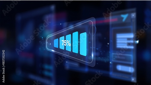 Futuristic battery icon showing 75% charge, abstract technology