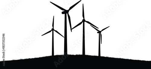 Silhouette of wind turbines on a hill against a plain white background illustration