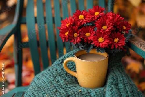 Bouquet of red flowers and coffee. Autumn decor on a chair with blanket.