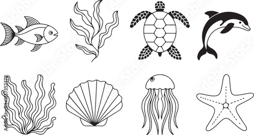 Ocean creatures and plants outline icon set, marine wildlife