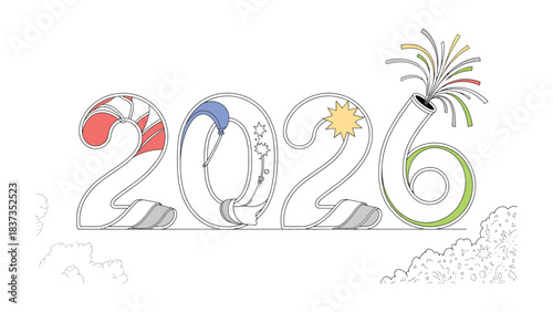 New Year 2026: An illustration showcases the number 2026, creatively designed, with each digit incorporating unique elements symbolizing hope and celebration, conveying the essence of a fresh start.