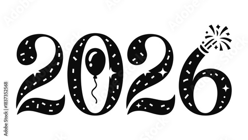 New Year's Eve Celebration 2026: An intricate illustration of the year 2026, filled with festive elements like stars and fireworks.