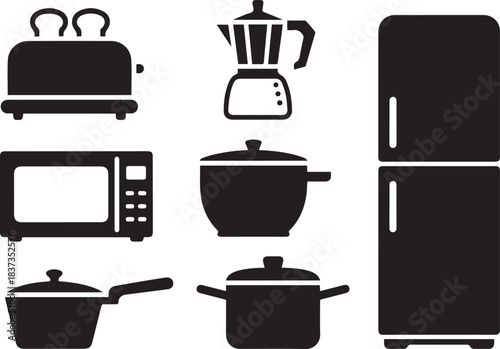 icons of common kitchen appliances and cooking items such as a toaster, coffee maker, microwave, refrigerator, and pots. Vector black silhouette. with white background