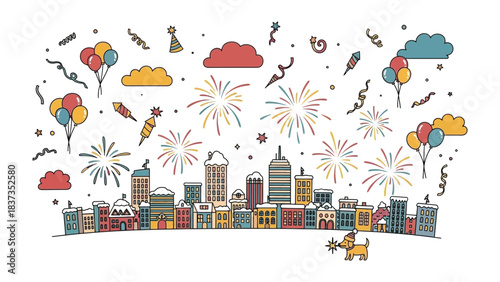 Cityscape Fireworks Celebration: Vibrant cityscape backdrop bursting with festive fireworks and floating balloons, evoking a sense of jubilation and excitement.