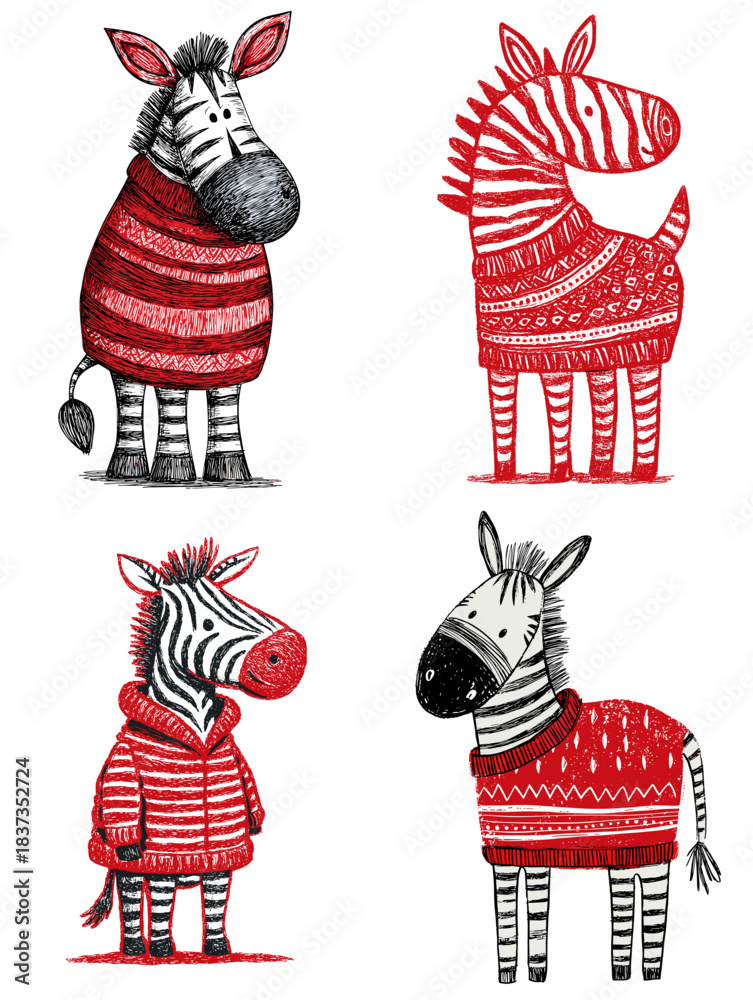 Obraz premium Whimsical illustration of zebras dressed in cozy red winter sweaters. Great for holiday prints, children’s artwork, playful animal designs, greeting cards, and festive creative projects.