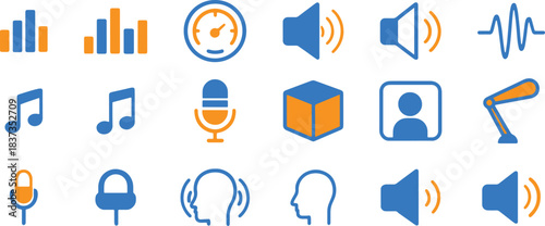 Set of audio and sound vector icons in modern flat style for web and graphic design UI or UX Kit