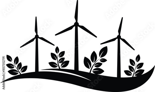 Black and white illustration of wind turbines on a rolling landscape with foliage