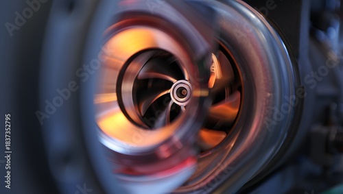 Automotive turbocharger spinning with warm reflections, close-up