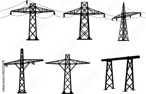 Transmission tower silhouettes, power lines, insulators, structural diversity, electric grid, engineering design, infrastructure network - flavector