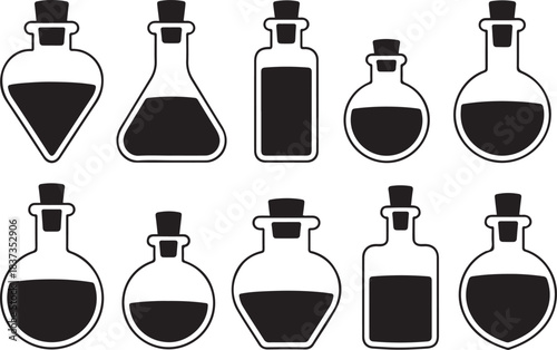 A collection of black silhouette illustrations of various potion bottles and vials with cork stoppers, some containing liquid. Vector black silhouette. with white background