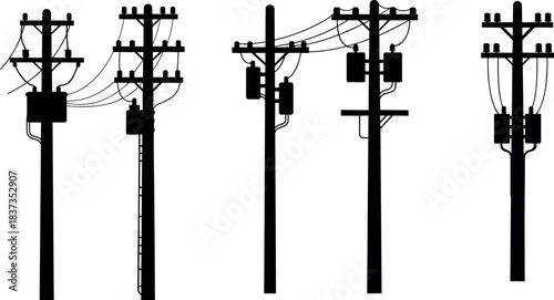 Utility pole silhouette collection, crossarms, transformers, insulators, power lines, electrical grid, black illustration, infrastructure design – flavector
