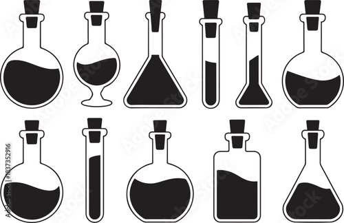 A collection of black silhouette illustrations of various potion bottles and vials with cork stoppers, some containing liquid. Vector black silhouette. with white background