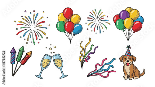 Celebration Icons: A vibrant collection of festive icons bursts with energy, featuring fireworks, balloons, confetti, champagne, and a playful pup, perfect for adding a touch of cheer to any occasion.