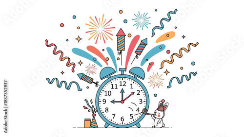 New Year Celebration: Vibrant illustrations of a clock indicating the beginning of a new year, surrounded by lively fireworks, rockets, and festive decorations, heralding a time of joy, celebration.
