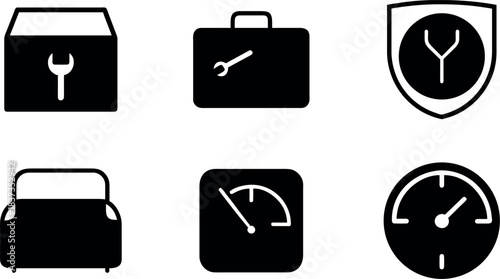 Black and white automotive and travel icons including a wrench briefcase and speedometer