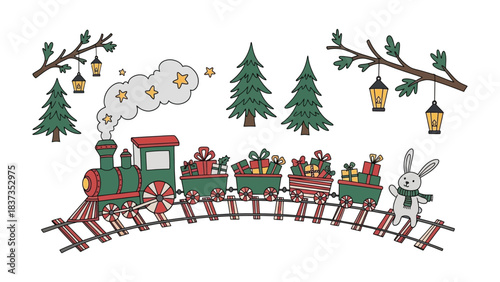 Festive Train Journey: A charming illustration depicts a vintage train adorned with Christmas decorations, traversing a whimsical landscape with holiday motifs. 