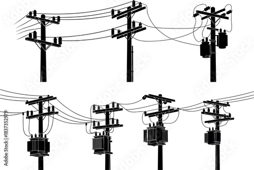 Utility pole silhouette collection, transformers, insulators, power lines, electrical grid, black illustration, infrastructure design, energy system – flavector