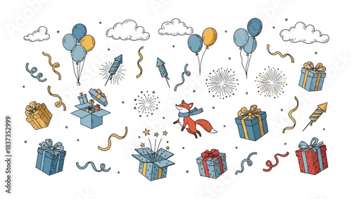 Festive Celebration Elements: A collection of festive elements featuring gifts, balloons, fireworks, and more, ideal for adding a touch of celebration to any project or design.