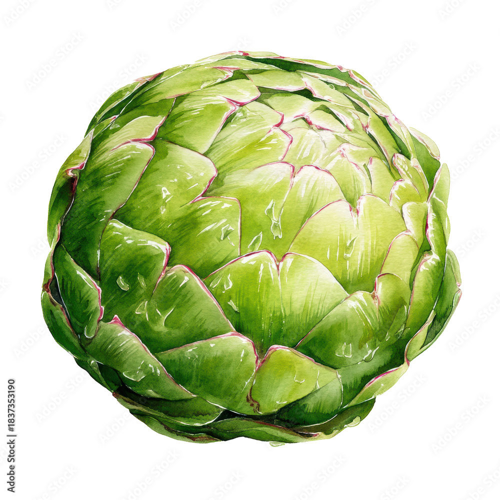 Fototapeta premium Watercolor a vibrant green artichoke, isolated on transparent background, showcasing its intricate layered petals and healthy texture