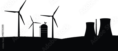 Silhouette of wind turbines and industrial smokestacks against a bright white sky