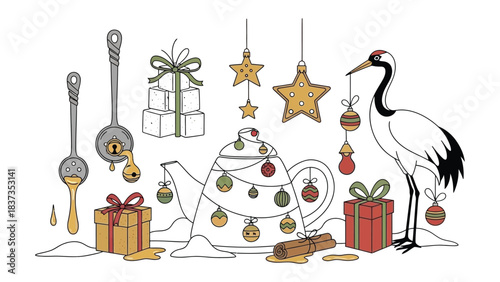 Festive Tea Time: A charming holiday illustration, combining the warmth of a tea ceremony with the festive spirit of Christmas. It features elements like a decorated teapot, star-shaped ornaments.