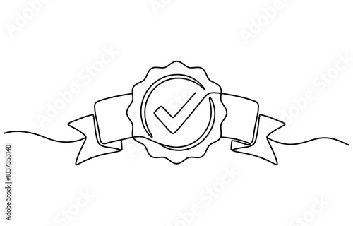 Award badge continuous line art drawn. Approval check sign. Certificate contour line isolated on transparent background
