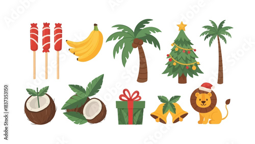 Festive Tropical Delights: A vibrant collage of summer and holiday elements, including a playful lion, a festive gift, and a decorated tree. capturing the joy and the warmth of the season.