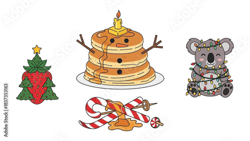 Holiday Feast of Delights: A cheerful arrangement of festive symbols, featuring a Christmas tree, pancake snowman, adorable koala, and candy cane with honey, all celebrating the joy of the holidays.